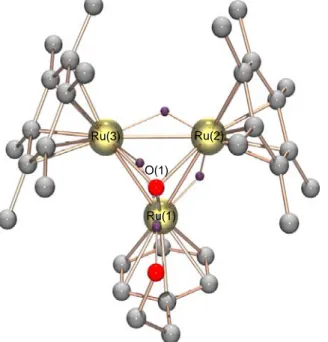Figure 9. Structure moléculaire (représentation POV-Ray) du cation [H 3 Ru 3 {C 6 H 5 (CH 2 ) 2 OH}- OH}-(C 6 Me 6 ) 2 (O)] +  (5)