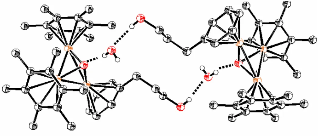 Figure 12. Structure moléculaire (représentation ORTEP) du dimère {C 6 H 6 ⊂ 6  ⋅  H 2 O  ⋅  0.5 C 6 H 6 } 2 formé par  interactions hydrogène intermoléculaires 