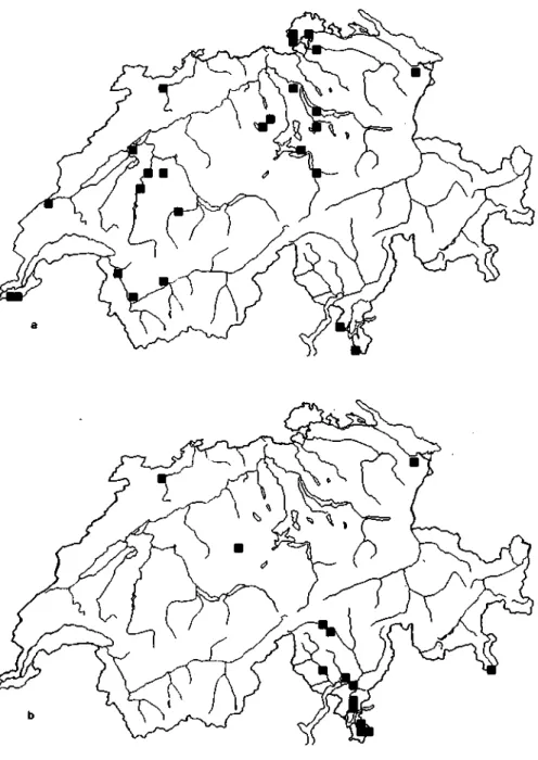 Fig. 4: Distribution de A. vitripennis en Suisse: a. forme nominale; b. forme distyle interne à 2 pointes