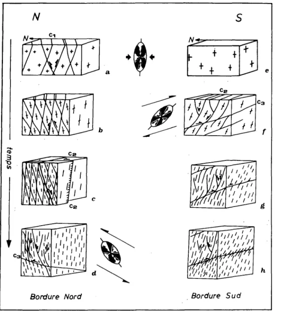 Fig. 7 a-d) Evolution structurale de la bordure nord de l'intrusif: a et b) développement de la foliation F1 en relation  avec les cisaillements C1