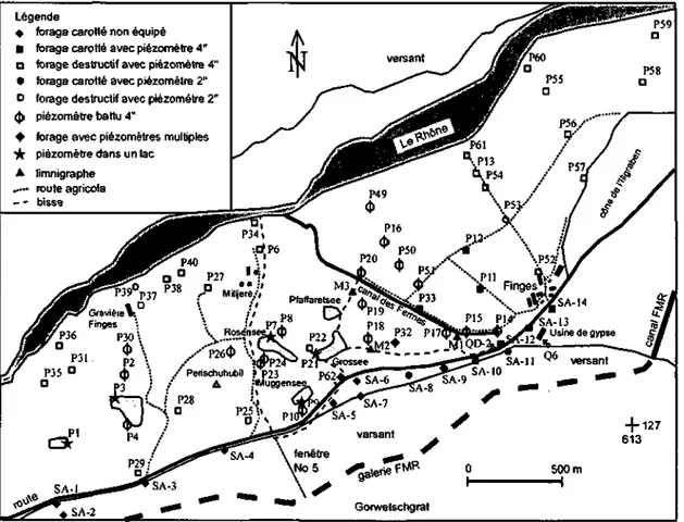 Figure 2 : Réseau d'observation du Bois de Finges (d'après MAMIN 1996) montrant les différents types de  forages et de points de mesures superficielles