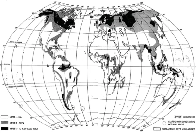 Fig. 2-2: Map showing the global distribution of peatlands (mires with a minimum peat thickness of 30 cm; 