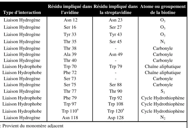 Tableau 1.3 : Liste des interactions entre la biotine et la (strept)avidine. 