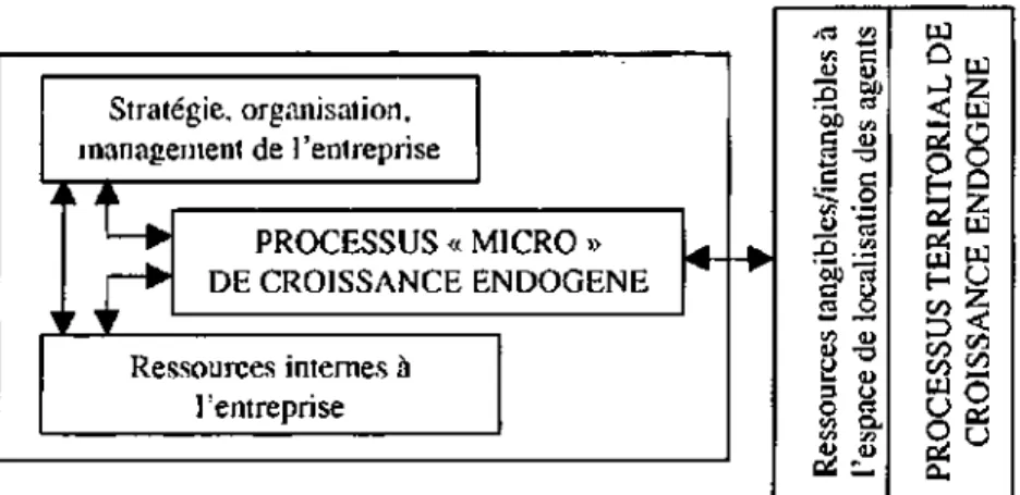 Figure 1 : Le double processus de croissance endogène «Entreprise/  Territoire»  /rt  X\  -n  ngi  ïi  H  ibles/  ang  urces t  sso  eu  V I  C  OJ) t/i -a isation oca ce de Ì spa &lt;i&gt;  —  UJ  O W d z &lt; S O U H Q ERRI EEN H£  D &lt;  co £2 ^ o O cj