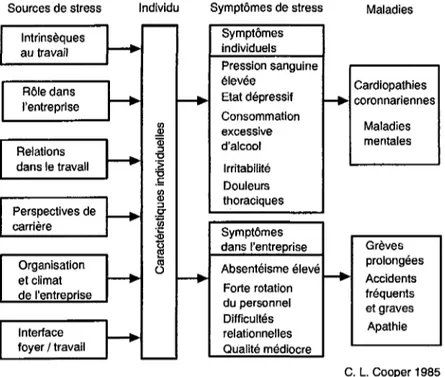 Figure 2 : exemple de modèle-cadre déterministe des « effets » sur la santé  de certains facteurs professionnels et non professionnels (Cooper [1985])