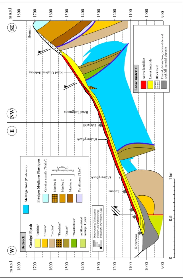 Fig. 4.3  Hohberg landslide long profile (after R AETZO- B RUELHART , 1997 and O SWALD  &amp; D APPLES , 2001)