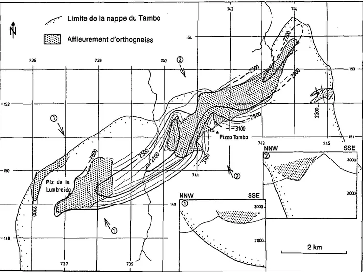 Fig. 11 : lsohypses des corps d'orthogneiss du front de la nappe du Tambo. 