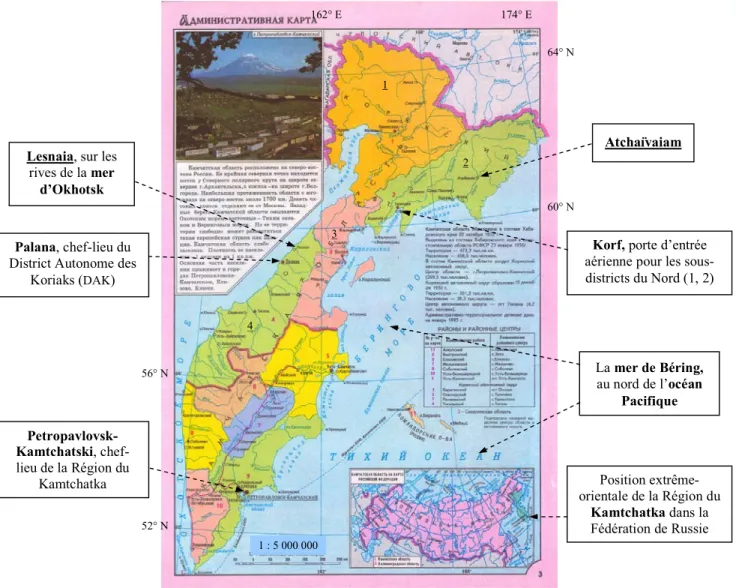 Figure  1 :  Localisation  de  Lesnaia  et  d’Atchaïvaiam  sur  la  carte  administrative de la Région du Kamtchatka (avec le détail des quatre  sous-districts  qui  composent  le  District  Autonome  des  Koriaks, 