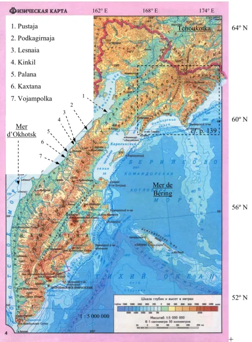 Figure 2 : Répartition des Koriaks de Palana au  XVIII e  et  XIX e  siècle le long de  la côte occidentale du Nord-Kamtchatka (tiré et adapté de Moiseev 1995 : 4) 