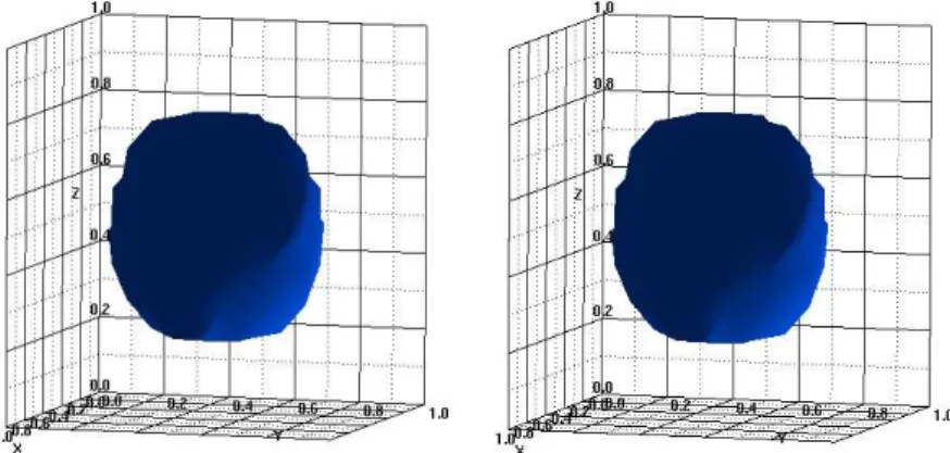 Fig. 4.1  surface de niveau Θ = 0.1 pour un milieu poreux non déformable (resp. déformable) à t = 0