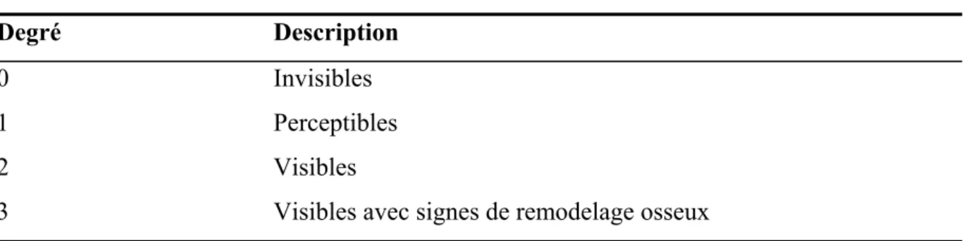 Table 4  Evaluation radiologique des points d’ancrages selon Rosenberg [73] 