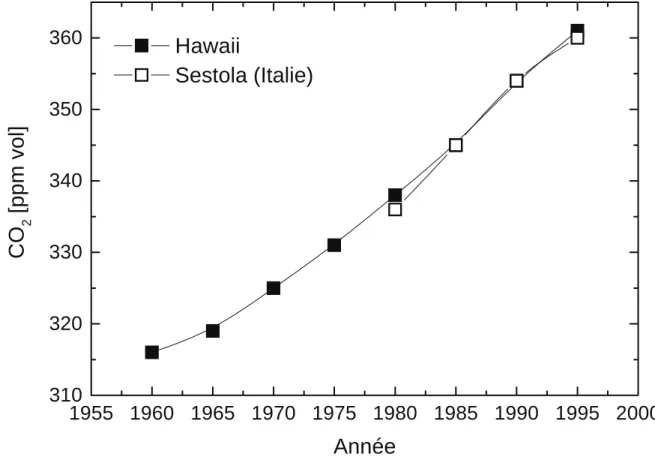Figure 16 :  Evolution de la concentration en dioxyde de carbone dans l’air entre 1960 et 1995  [Keel] 