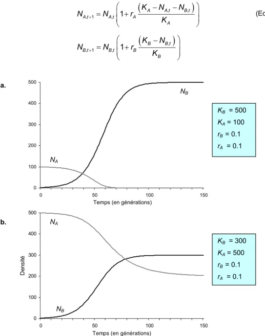 Figure 4.4 Evolution des densités des populations A (trait gris) et B (trait noir) au cours du temps selon le 