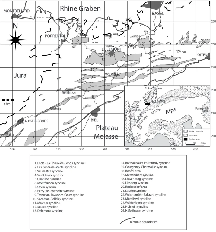 Fig. 1-1  Localisation du terrain d’étude, des différents synclinaux à remplissage tertiaire  (Jura plissé) et des plateaux à dépôts tertiaires (Jura tabulaire et bordure Sud-rhénane).