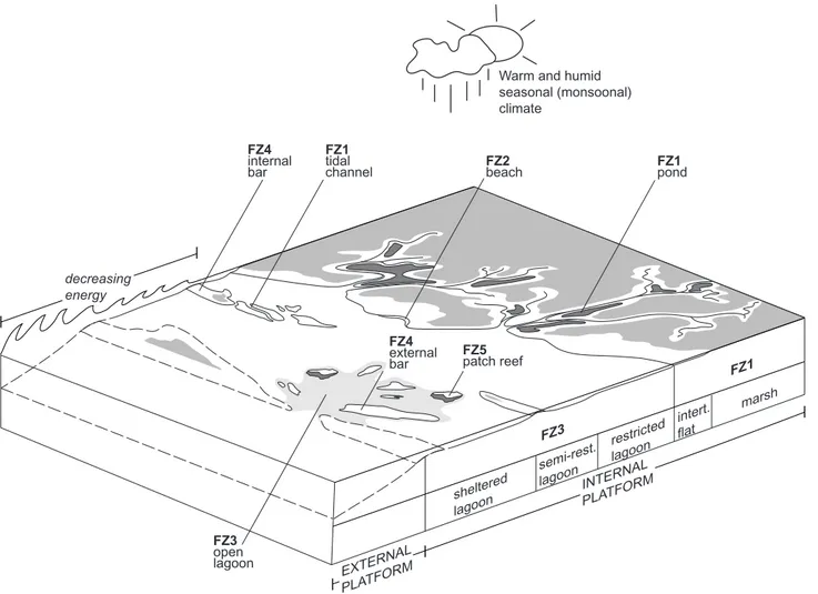 Fig. 2.6: Three-dimensional diagram showing the spatial distribution of the facies zones and associated depositional environments