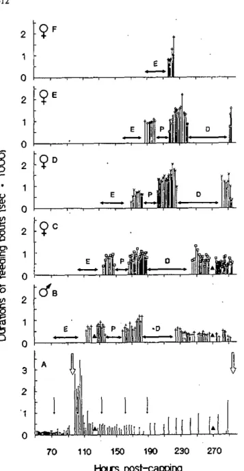 Fig. 5A-F. Incidence and duration of feeding bouts by all mites in  a singly infested artificial worker cell from 50 h post-capping (hpc)  until emergence of ihe bee
