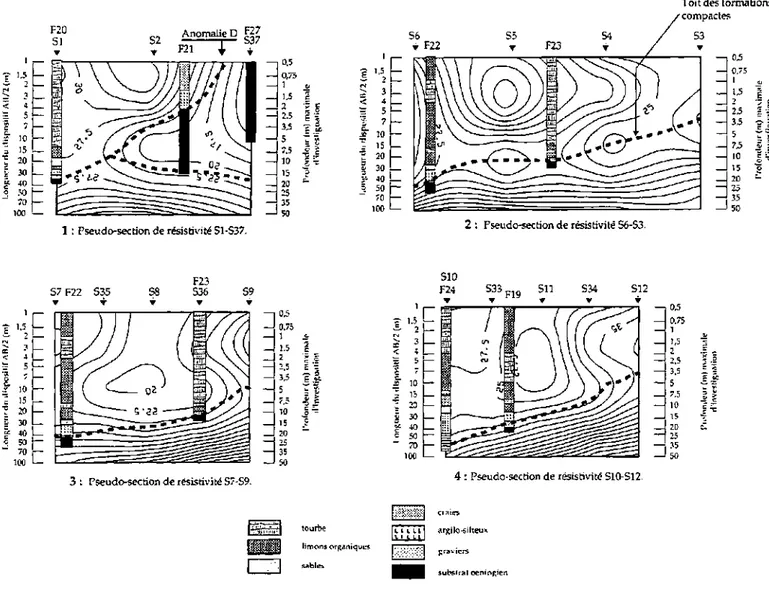 Figure 2.5 a : Pseudo-section de résistivité recoupant transversalement ie Marais  d'après les données de C Bossuet 