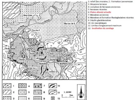 Figure 13 : Carte des formations quaternaires du secteur de Loures-Barousse et de Barbazan, modifiée d’après  Andrieu et al., (1988)