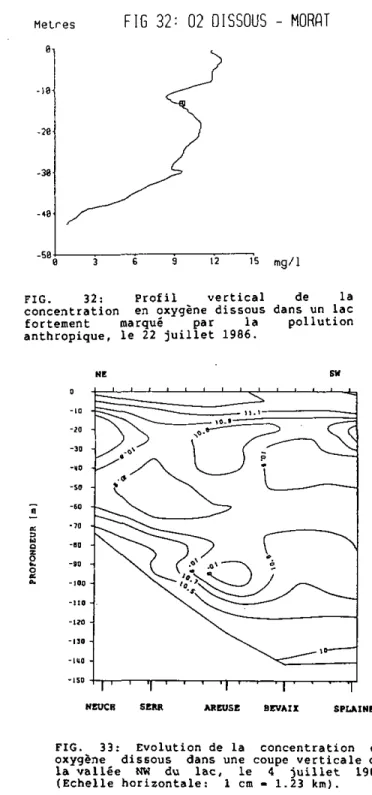 FIG. 32: Profil vertical de la  concentration en oxygène dissous dans un lac  fortement marqué par la pollution  anthropique, le 22 juillet 1986