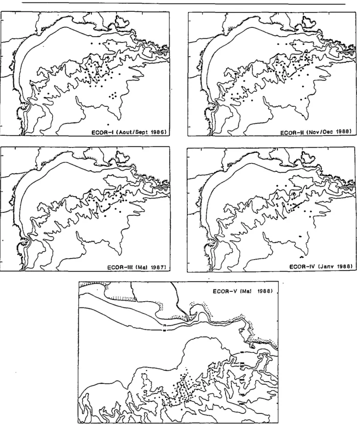 Figure 4 Position des stations hydrologiques et néphélomètriques sur la marge du Golfe du Lion  (missions ECOR)