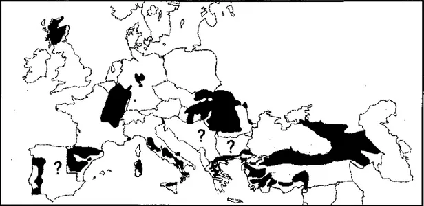 Figure 2.1 Répartition du chat forestier d'Europe dressée d'après les cartes de répartition 