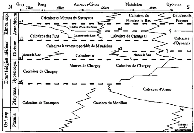 Fig. 1.2. Agencement spatio-remporel des Formations kimméridgiennes proposé par CHEVALLIER  (1989)