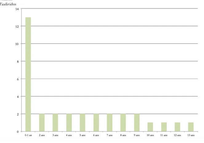 Fig. 10 : profil de mortalité de Crocuta crocuta spelaea présentant le nombre d’individus par années (fouilles M