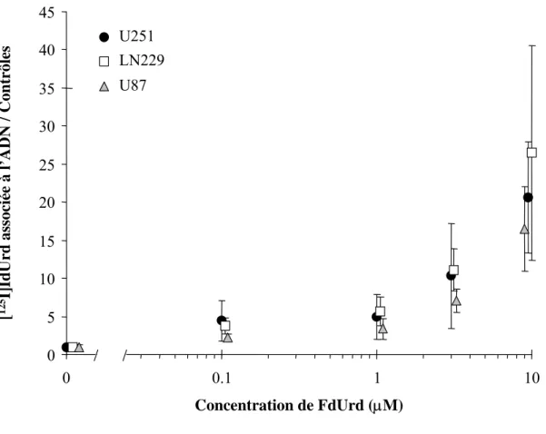 Figure 11. Incorporation de [ 125 I]IdUrd dans l’ADN en présence de FdUrd. Les cellules U251, LN229 et 