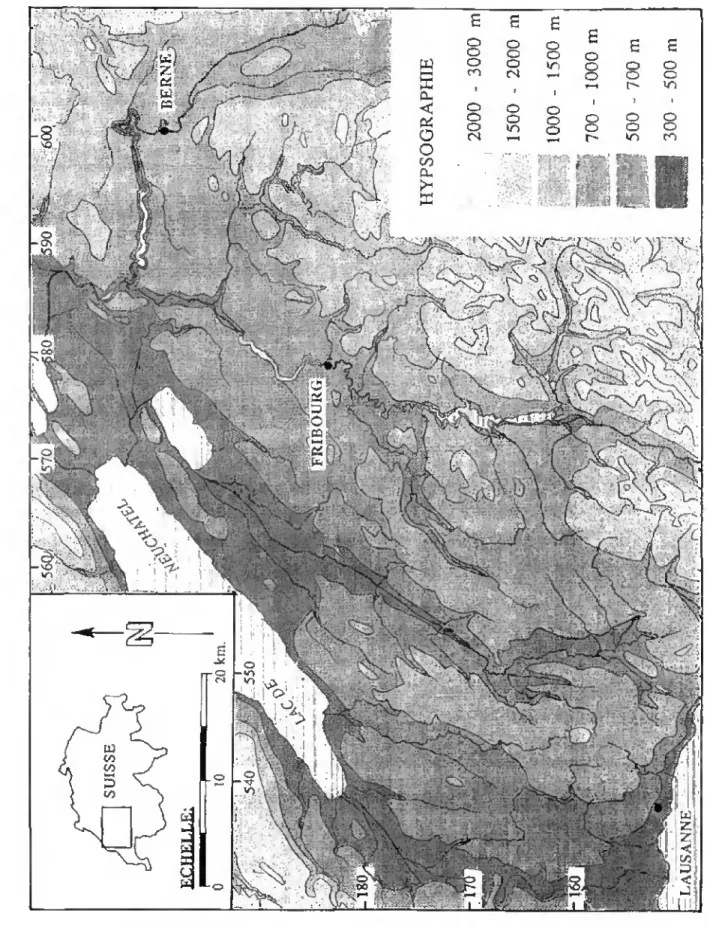 Fig 0.4: Région située entre les Préalpes fribourgeoises et le lac de  Neuchâtel: Hypsographie, d'après IMHOF et LEUZINGER (1965)