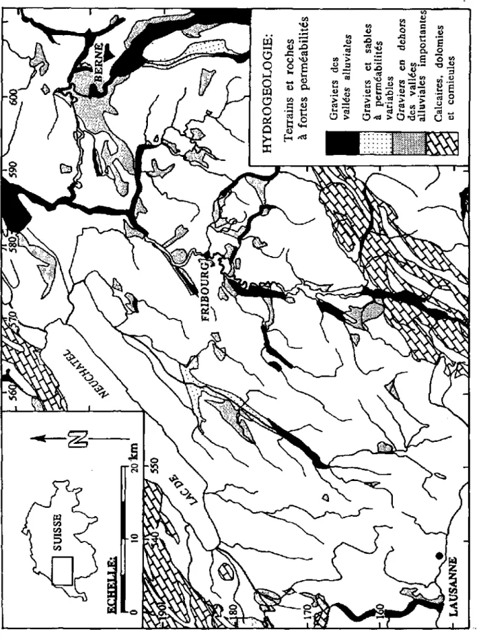 Fig 0.9: Région située entre les Préalpes fri bourgeois es et le lac de  Neuchâtel: Terrains à fortes perméabilités, d'après JÄCKLI (1967)