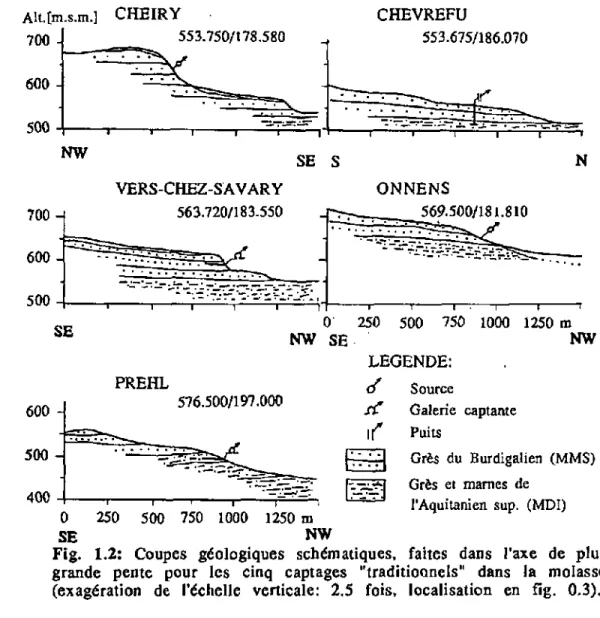 Fig. 1.2: Coupes géologiques schématiques, faites dans l'axe de plus  grande pente pour les cinq captages &#34;traditionnels&#34; dans la molasse  (exagération de l'échelle verticale: 2.5 fois, localisation en fig