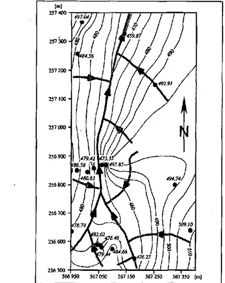 Figure 10 : Carte &#34;réelle&#34; des directions d'écoulement interprétée sur la base des données piézomé- piézomé-triques (18 forages), des traçages, des mesures de perméabilité entre packer et de la connaissance  directe du réseau de conduits karstiques