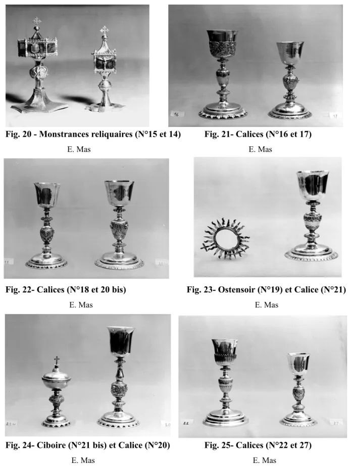 Fig. 22- Calices (N°18 et 20 bis)          Fig. 23- Ostensoir (N°19) et Calice (N°21)