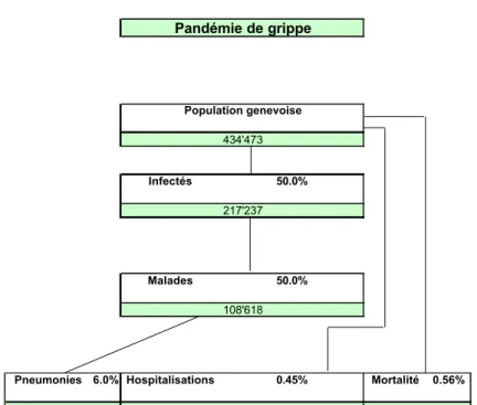 Figure 13 : Modélisation quantifiant le nombre de personnes potentiellement touchées lors  d’une pandémie de grippe dans le canton de Genève