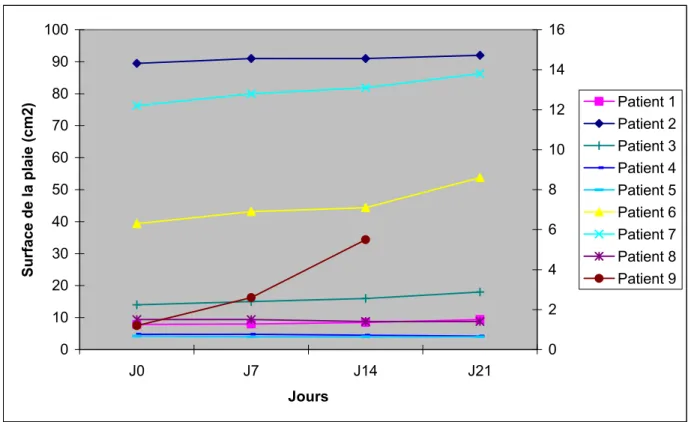 Graphique I. Evolution de la surface de la plaie au cours du traitement 