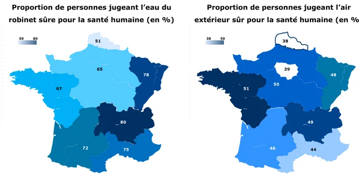 Graphique 5 – La confiance dans l’eau du robinet et l’air extérieur au niveau régional   Proportion de personnes jugeant l’eau du 