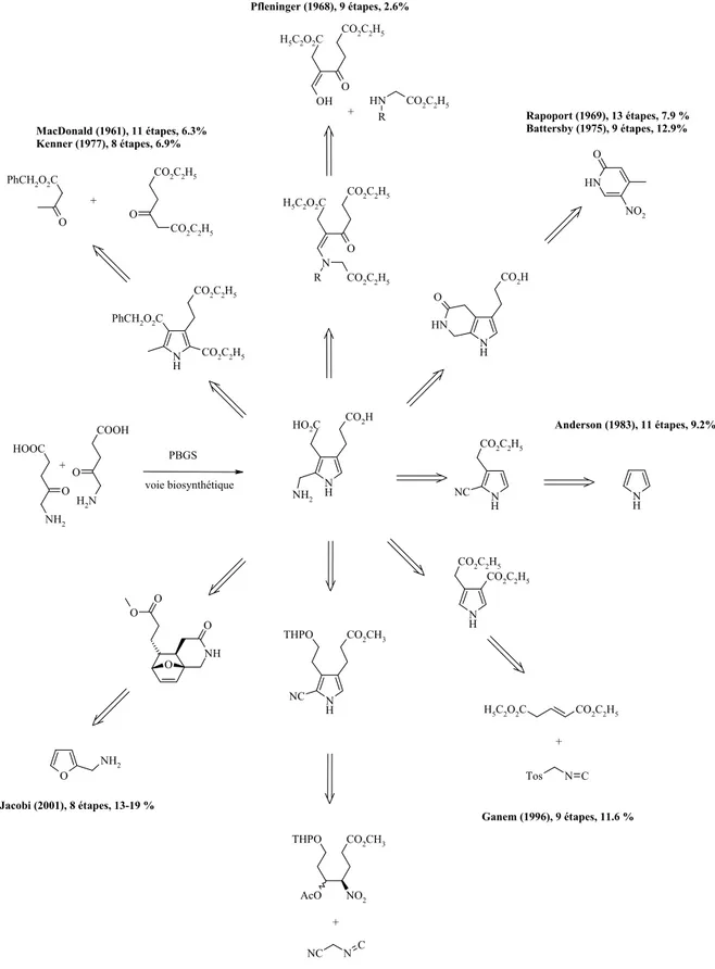 Figure 10 : vue d’ensemble des stratégies de synthèse du porphobilinogène décrites dans la 