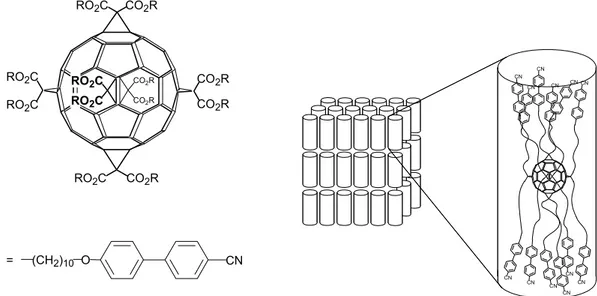 Figure 22 : hexa-addition sur le C 60  et modèle d'organisation de la phase liquide-cristalline