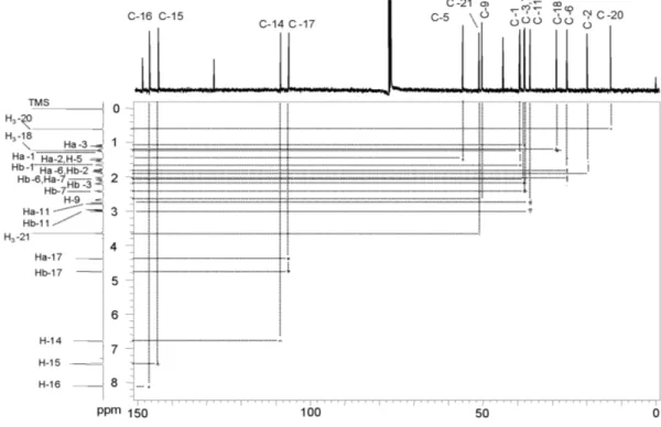 Figure 3.11: Spectre RMN de corrélation hétéronucléaire à courte distance HSQC du  composé A, avec les connectivités  1 H- 13 C observées 