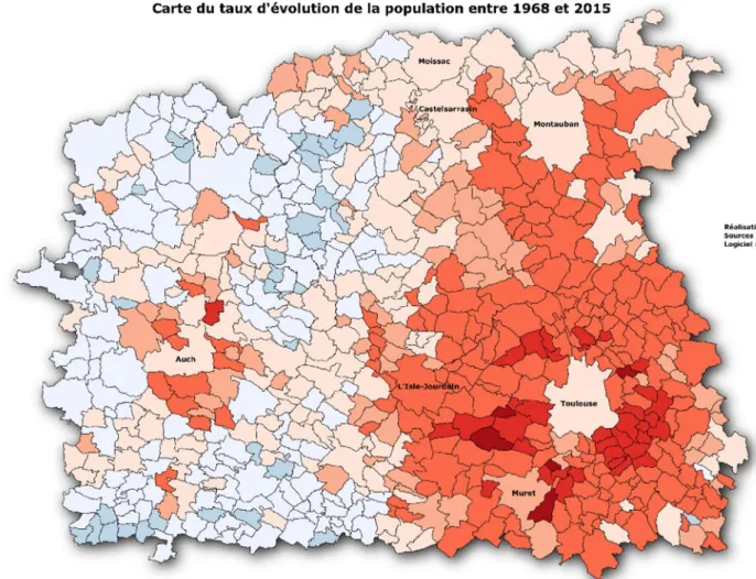 Figure  9 :  Carte  du  taux  d’évolution  de  la  population  du  territoire  étudié  entre  1968  et  2015  (Sources :  IGN  /  INSEE ;  Réalisation :  Erwin DEHON).