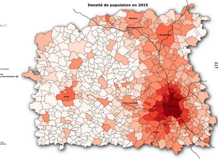 Figure 12 : Carte représentant la densité de population dans le périmètre d'étude en 2015.
