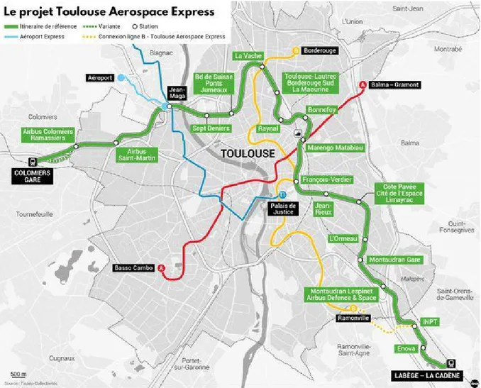 Figure 23 : Carte du réseau de transport en commun lourd Tisséo avec la 3ème ligne de métro actuellement en projet (en  vert) (Source : La Dépèche du Midi).