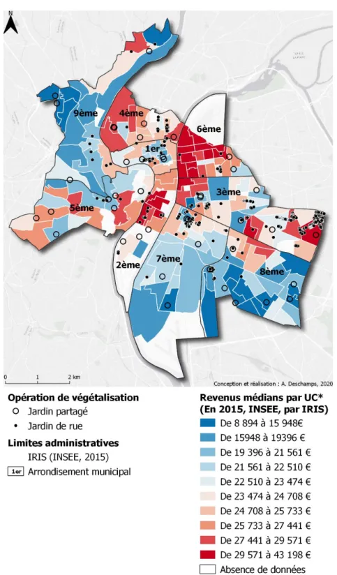 Figure 1 : Opération de végétalisation et inégalités à Lyon 