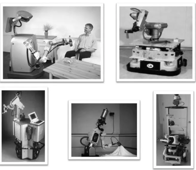 Figure 14 : Robots sur base mobile. De gauche à droite et de haut en bas : Care-O-Bot II;  Walky; MOVAR; MOVAID; STAIR 