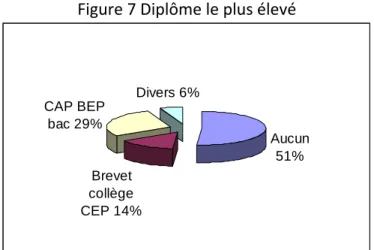 Figure 7 Diplôme le plus élevé   Divers 6% CAP BEP  bac 29% Brevet  collège  CEP 14% Aucun 51%   Source : enquête CRÉDOC sur les participants au programme R2S 2009‐2010  Effectifs : 71 jeunes   