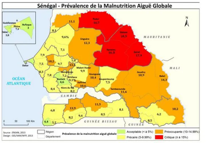 Figure 1.  Prévalence de la malnutrition au Sénégal en 2013 (source AGVSAN, 2014) 