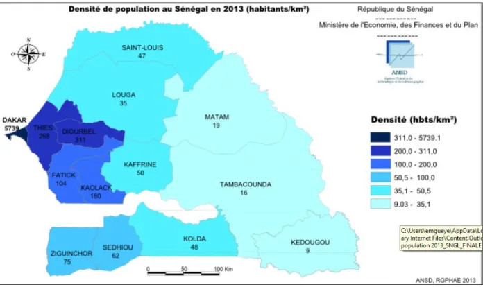 Figure 2.  Densité de la population sénégalaise en 2013 (source ; Agence Nationale de la  Statistique et de la Démographie et du Recensement Général de la Population et de l’Habitat, de 