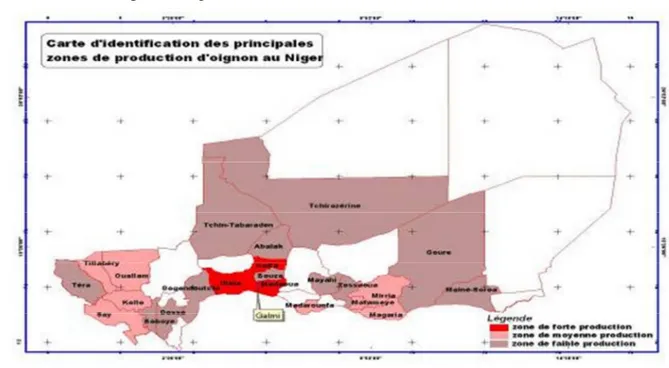 Figure N° 3 : Carte des zones de production de l’oignon au Niger  Source : FCMN-Niya, Rapport à mi-parcours du PADEF-SOG 