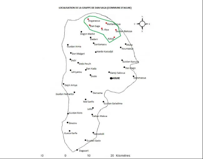 Figure 3 : Carte de la commune d’Aguié avec localisation de la grappe de Dan Saga) 