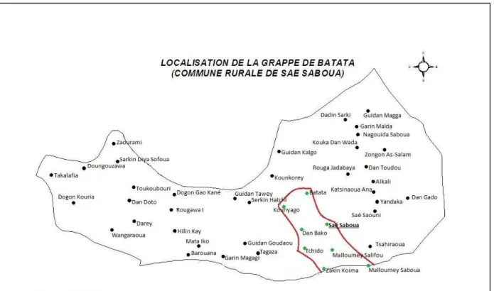 Figure 4 : Carte de la commune de Saé Saboua avec localisation de la grappe de Batata 